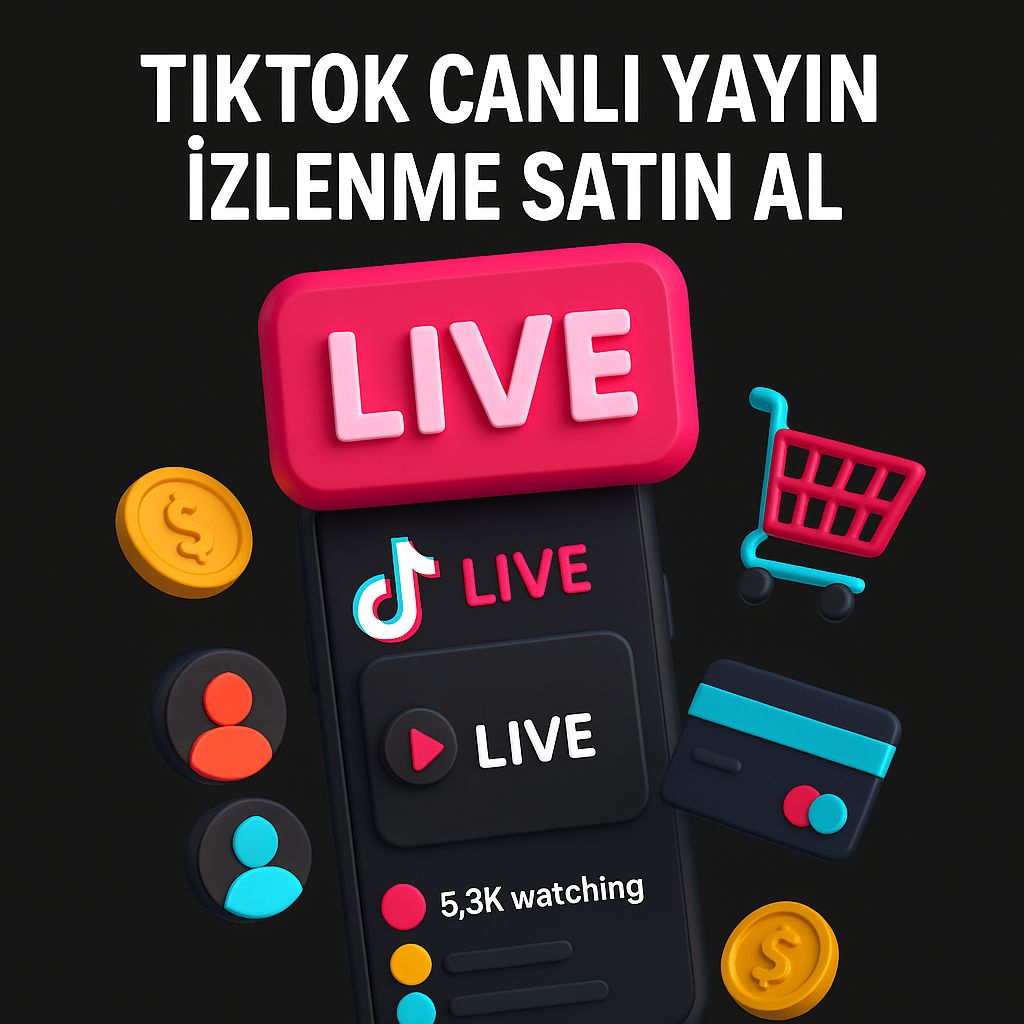3D görsel: TikTok Canlı Yayın izlenme satın alma hizmeti, telefon ekranında LIVE simgesi, alışveriş ikonu ve izleyici sayısıyla gösteriliyor.