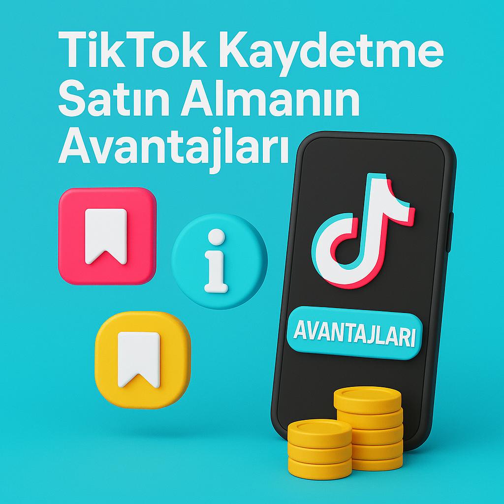 3D görsel: TikTok Kaydetme Satın Almanın Avantajları başlıklı görsel; açık mavi arka plan üzerinde bilgi ikonu, bookmark simgeleri ve altın paralarla zenginleştirilmiş.