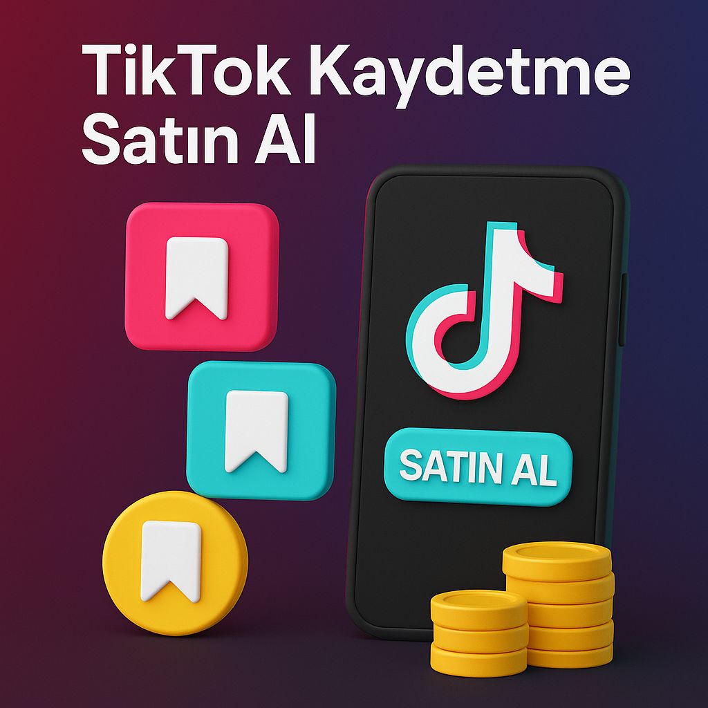 3D görsel: TikTok Kaydetme Satın Al temalı ikinci versiyon; renkli bookmark ikonları, altın jetonlar ve canlı arka planla dinamik bir kompozisyon sunuyor.