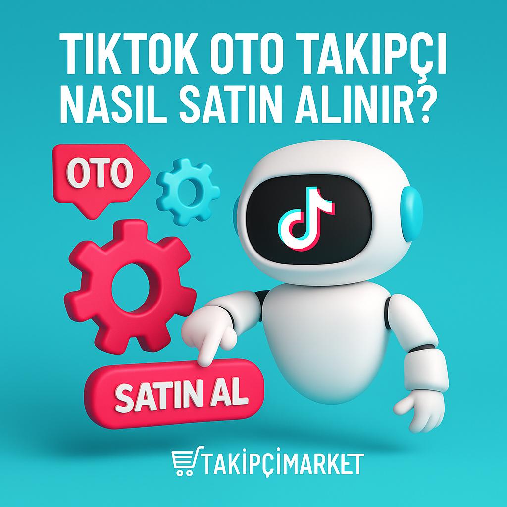  3D görsel: TikTok Oto Takipçi Nasıl Satın Alınır? başlıklı içerik için TikTok logosu taşıyan robot, dişliler ve satın alma butonuyla desteklenen otomasyon temalı kare format tasarım.